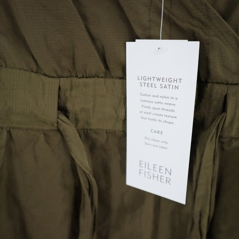 Eileen Fisher Sleeveless Satin Tie Waist V-Neck Dress Green/Brown - Picture 5 of 11